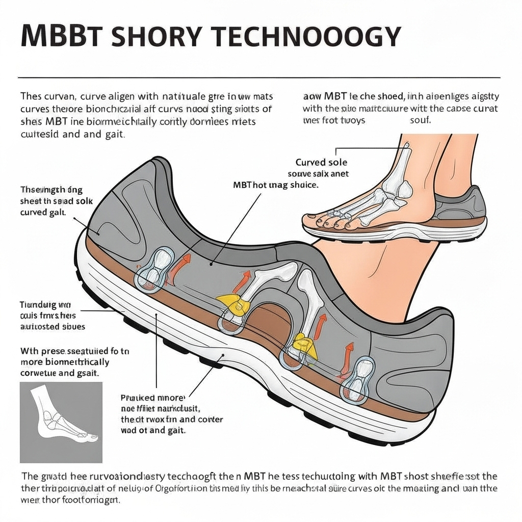 MBT shoe technology and foot anatomy diagram showing health benefits