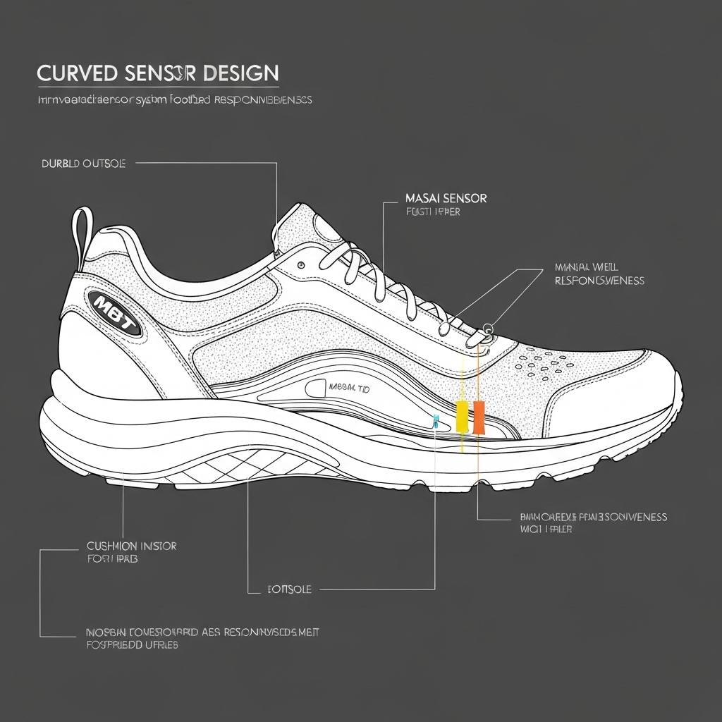 Cross-section diagram of MBT shoe technology showing curved sole and Masai sensor